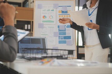 Close up ux developer and ui designer use augmented reality brainstorming about mobile app...