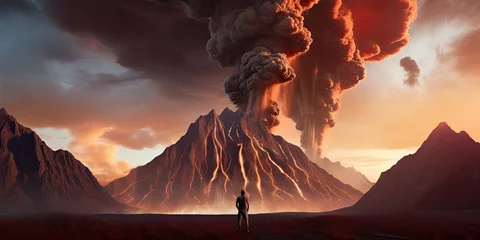 Foto auf Alu-Dibond Catastrophic scene: volcanic eruption, explosions, smoke, fire, and lava. © jambulart
