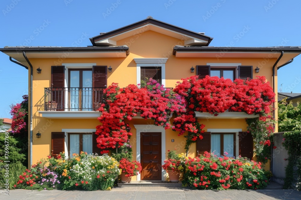 Poster a bright yellow house adorned with vibrant red flowers, adding a pop of color and warmth to the pict