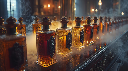 A collection of antique perfume bottles arrayed on a reflective surface with a backdrop of candlelight and baroque details - obrazy, fototapety, plakaty