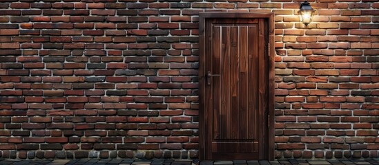 Wooden Door Set in Brick Wall with Lamp Texture Background
