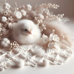 White chicks decorated with white dried flowers and fluffy plants.
