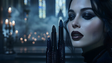 A captivating display of luxurious makeup cosmetics with a gothic woman's portrait, set against a backdrop of candles and stained glass - obrazy, fototapety, plakaty