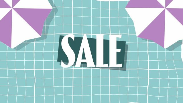 „Sale" text animation. Blue pool like background with two beach umbrellas in the top corners. Sale advertisement for business.