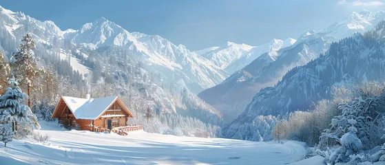Foto op Plexiglas Snow-covered chalet, oil paint style, nestled in mountains, clear noon, wide lens. © Thanthara
