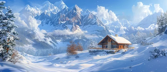 Foto op Plexiglas Snow-covered chalet, oil paint style, nestled in mountains, clear noon, wide lens. © Thanthara