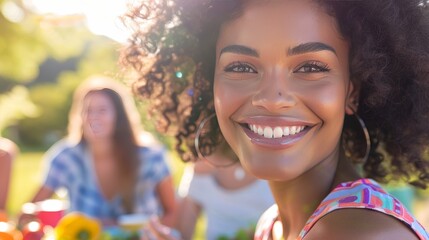Warm summer light on happy faces, intimate closeup at a vibrant outdoor picnic