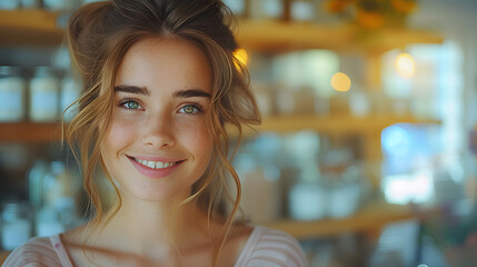 Close-up of a cheerful young woman in a cafe. Warm and inviting portrait for hospitality and lifestyle concept. Design for cafe promotion, lifestyle blog