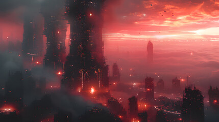 A foreboding dystopian cityscape emerges from a dense mist, with skyscrapers bathed in ominous red hues against a dramatic sunset sky - obrazy, fototapety, plakaty