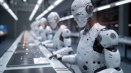 Fototapeta premium Robotic Process Automation: Represents robotic process automation in a business environment, industrial robots or software robots performing certain tasks on an assembly line