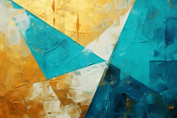 抽象背景油絵バナー）青緑と白と金色の三角形を使ったデザイン