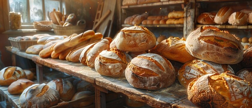 Rustic bakery, oil painting effect, fresh bread loaves, golden dusk, standard angle.