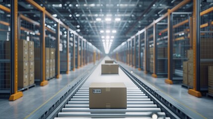 Automated warehouse with parcels on conveyor belts.