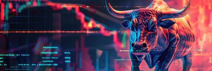 bull on a vibrant background with cryptocurrency trading charts and data bullish trend Financial investing stock market