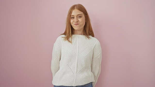 Side-splitting shot of young redhead woman confidently sporting a sweater, standing isolated over pink background making a hilarious mouth puffing expression.