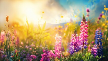 A vibrant field of colorful lupine flowers bathed in golden sunlight with a bright sky and flares.