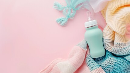 Baby essentials with knitted clothes, a bottle, and accessories on pink background. - obrazy, fototapety, plakaty