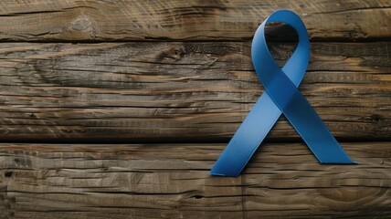 A blue ribbon on a rustic wooden background, symbolizing awareness for various causes. - obrazy, fototapety, plakaty