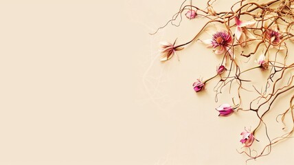 Elegant pink flowers with delicate vines on a soft beige background, suited for serene wallpaper design.