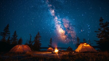 Camping under the Stars: A cozy campsite under a starry night sky, with a crackling campfire and silhouetted tents, conveying the joy of outdoor camping. - obrazy, fototapety, plakaty