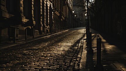 Sunlight casts a golden glow on the cobblestone street in an empty alley with building shadows.