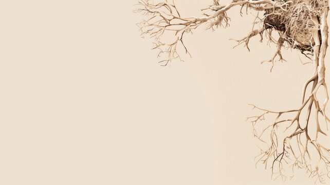 A monochromatic image of a tree with intricate branches and roots against plain background.