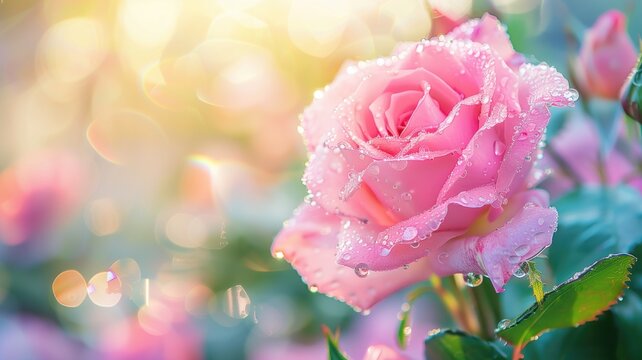 A dew-covered pink rose amidst a softly blurred floral background with sunlight filtering through.