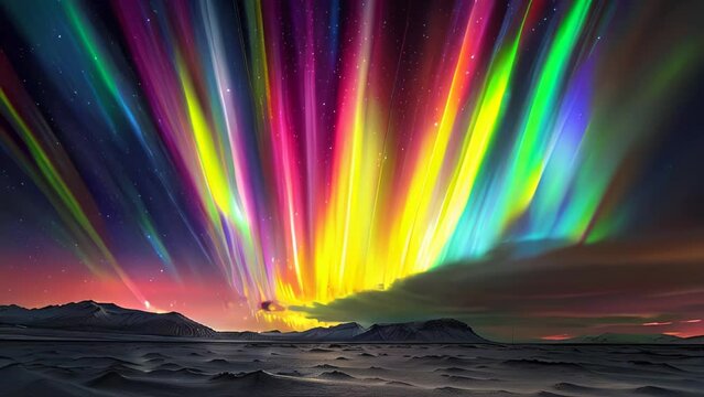 Vibrant aurora in red, green, blue and purple hues paint the night sky in a stunning, ever-shifting gradient. 
