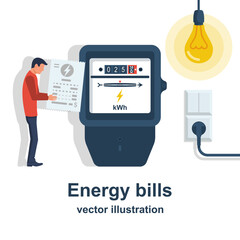 Energy bills. Man paying utilities. Concept of invoice and electricity meter. Electricity bills. Check for payment in hand. Vector illustration flat design. Isolated on background.