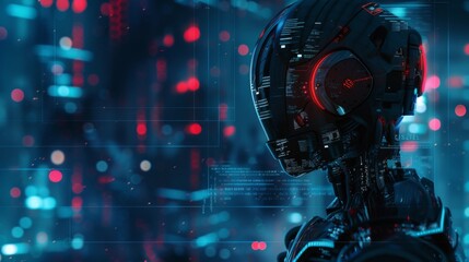 3D rendering of a futuristic robot head with glowing red eye and binary code interface. Artificial intelligence and machine learning concept. Isolated on gradient blue background.