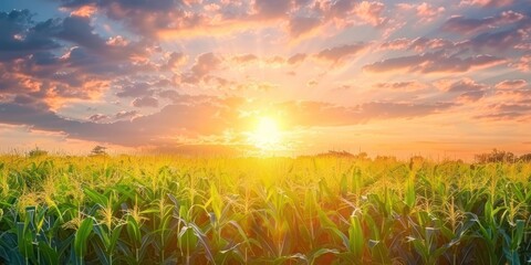 Corn field in agricultural garden and light shines sunset 