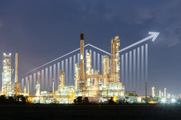 Oil gas refinery or petrochemical plant. Include arrow, graph or bar chart. Increase trend or...