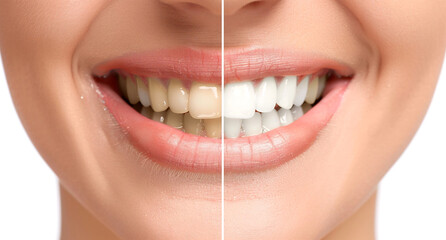 Close-up of woman teeth before and after whitening procedure,one part with teeth that have dark yellowish tones and the other part showing white healthy teeth.
