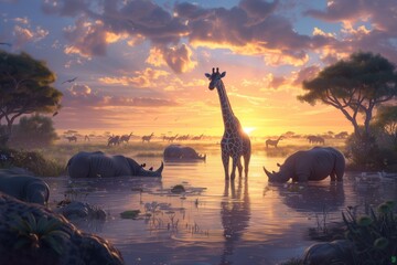 Giraffe and other animals near the river. - obrazy, fototapety, plakaty