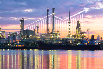Obraz premium Oil gas refinery or petrochemical plant. Include arrow, graph or bar chart. Increase trend or growth of production, market price, demand, supply. Concept of business, industry, fuel, power energy.