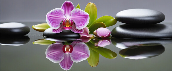 Orchids and spa stones balance on calm water banner colorful background