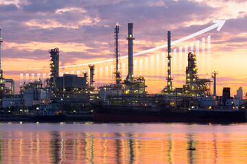 Fototapeta premium Oil gas refinery or petrochemical plant. Include arrow, graph or bar chart. Increase trend or growth of production, market price, demand, supply. Concept of business, industry, fuel, power energy.