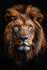 Portrait of a lion on a black background. Detailed face of a lion