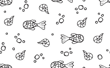 fish. bubble. seashell. the pattern. seamless pattern. drawing. vector. for textiles, wrappers. packages. the pattern is drawn in the doodle style. sea. ocean. animals.