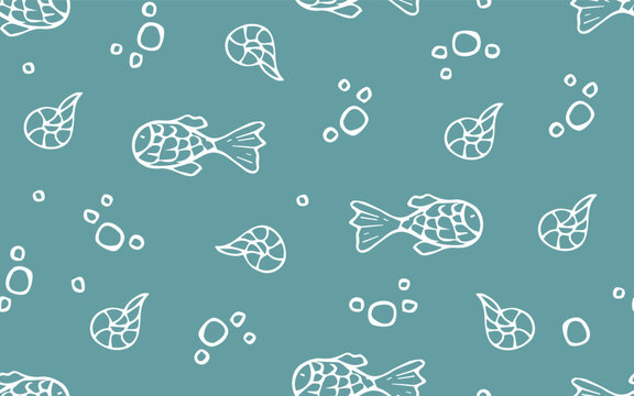 fish. bubble. seashell. the pattern. seamless pattern. drawing. vector. for textiles, wrappers. packages. the pattern is drawn in the doodle style. sea. ocean. animals.