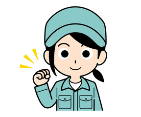 ガッツポーズする作業員の女性