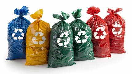 Eco friendly biodegradable plastic bags with universal recycling symbol collection - obrazy, fototapety, plakaty