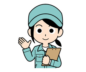 バインダーを持って案内する作業員の女性