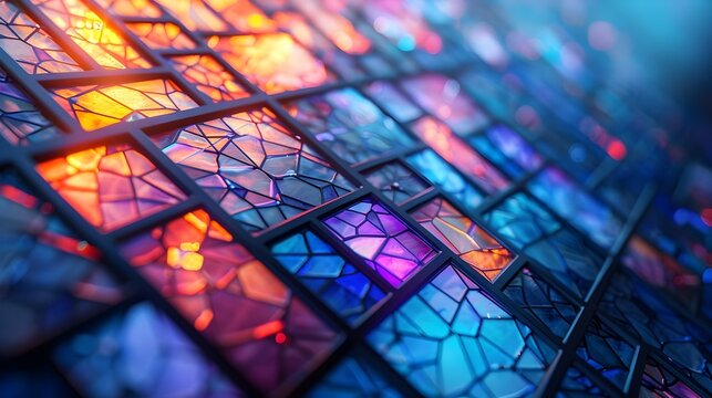 Stunningly Vibrant Stained Glass of Futuristic AI-Driven Energy Grids in Cinematic Photographic Style