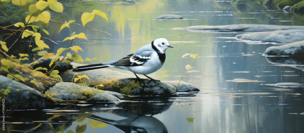 Poster a seabird with a sharp beak is perched on a rock by a serene lake, creating a picturesque natural la
