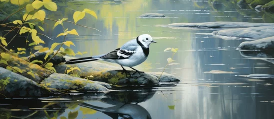 Foto op Canvas A seabird with a sharp beak is perched on a rock by a serene lake, creating a picturesque natural landscape in which wildlife and art converge © pngking