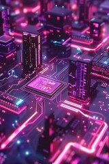 Obraz premium Vaporwave Cityscape of Edge Computing Revolution Enhancing Real-Time IoT and Applications with Pastel Neon Color Vibrancy and Cinematic