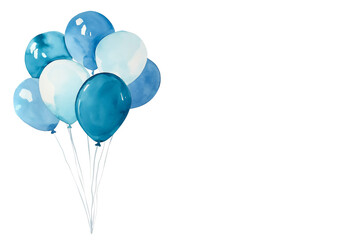 Blue watercolor balloons isolated on white background with copy space. Happy Birthday. Greeting card template