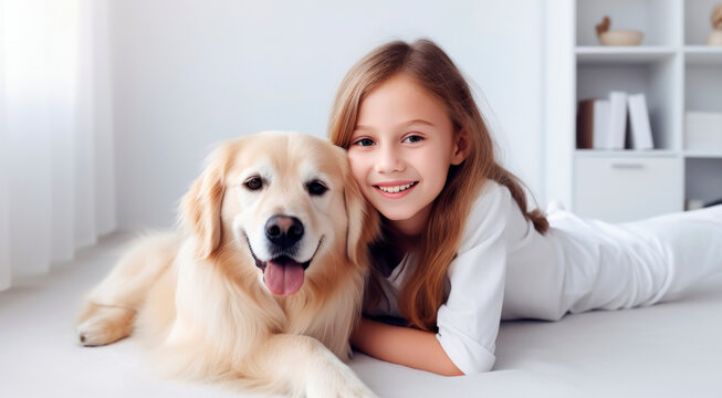 Girl with his puppy, retriever in white interior, soft light, high quality photo. Happy girl with his puppy, retriever in white interior, soft light, high quality photo.
