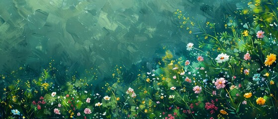 Fototapeta na wymiar Spring meadow, oil painting style, wildflowers bloom, clear morning, aerial view.